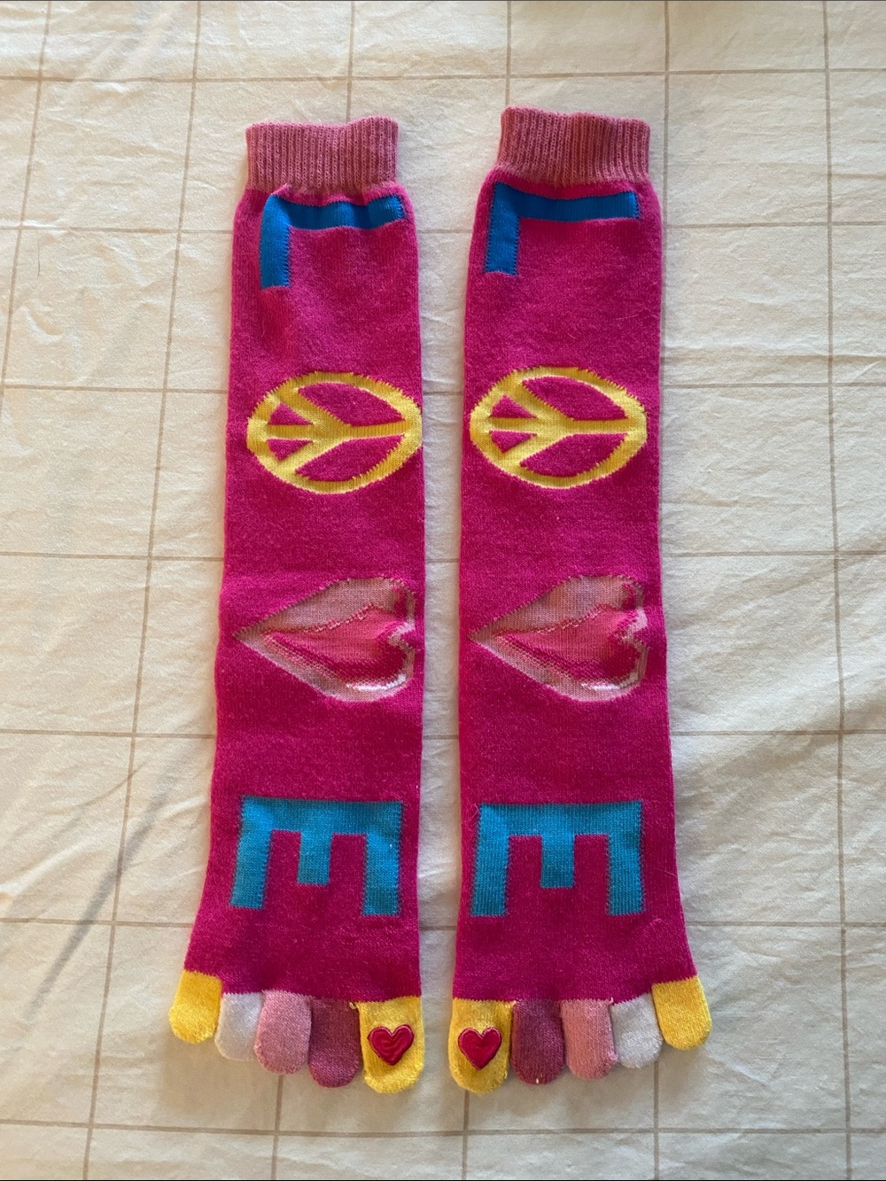 Pink Toe Socks with LOVE Peace & Heart Motifs